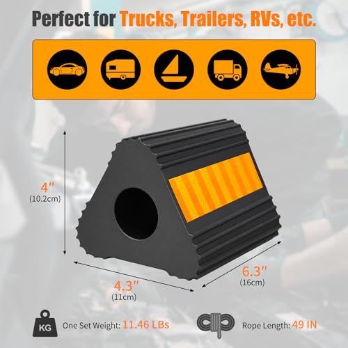 4 Pack Rubber Wheel Chocks for RV Trailer with Rope & Reflective Strips, Heavy Duty Non-Slip Tire Stopper for Camper, Truck, Car, Travel Trailer