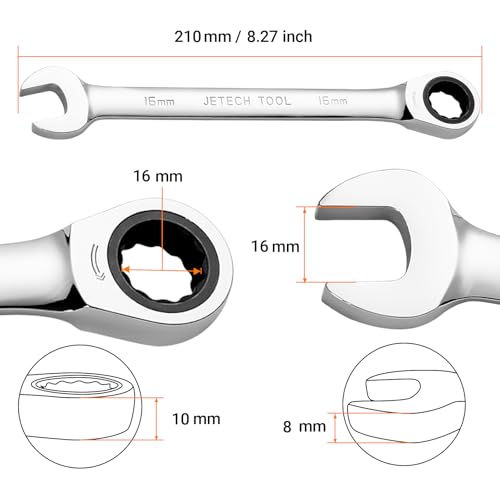Jetech 16mm Ratchet Wrench, Ratcheting Combination Wrench Metric, Industrial Grade Gear Spanner with 12-Point Design, 72-Tooth Ratchet, Chrome Vanadium Steel for Auto & DIY Repair - size: 16mm