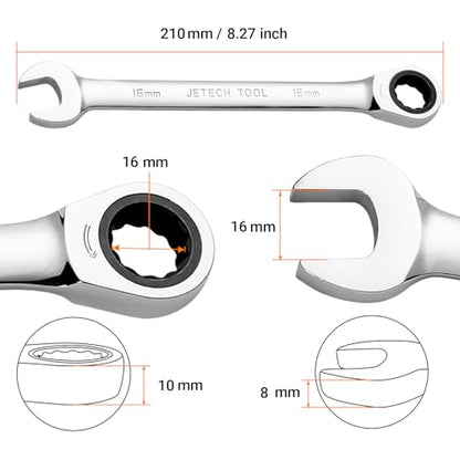 Jetech 16mm Ratchet Wrench, Ratcheting Combination Wrench Metric, Industrial Grade Gear Spanner with 12-Point Design, 72-Tooth Ratchet, Chrome Vanadium Steel for Auto & DIY Repair - size: 16mm
