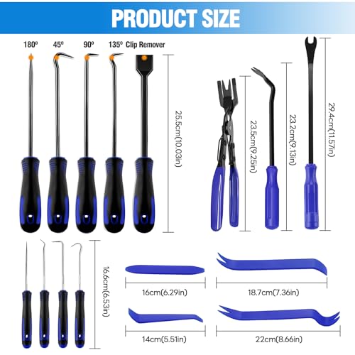17 Pcs Auto Trim Removal Tool Kit, Pick Set Car Door Panel Clip Removal Tool Mechanic Hook and Pick Tool Set with Storage Bag & Gloves for Automotive Repair and Car Body Door Panel Fastener Removal