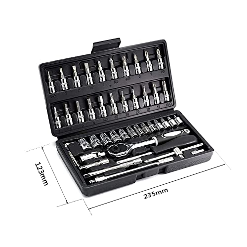 46PCS 1/4 inch Drive Socket Set,Metric Ratchet Wrench Set with 4-14mm CR-V Sockets,S2 Bits,Extension Bars,Mechanic Tool Kits for Household Auto Repair