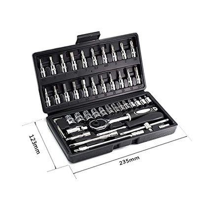 46PCS 1/4 inch Drive Socket Set,Metric Ratchet Wrench Set with 4-14mm CR-V Sockets,S2 Bits,Extension Bars,Mechanic Tool Kits for Household Auto Repair