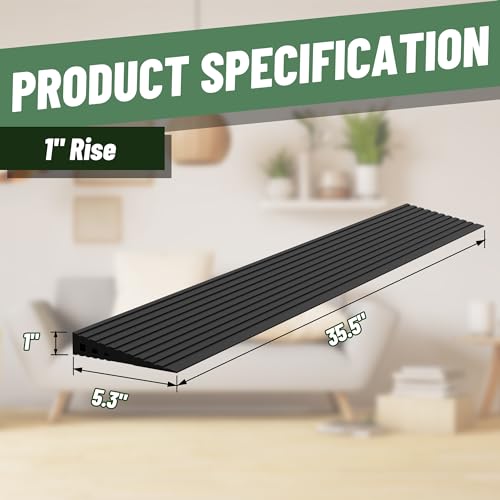 1" Rise Threshold Ramps for Doorways, 2000 Lbs Load Capacity, 35.5" Wide Natural Rubber Power Wheelchair Ramp is Adjustable and Cuttable for Doorways, Curb, Sweeper, Power Scooters, Bathroom - size: 1" Rise