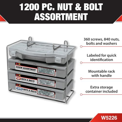 Performance Tool W5226 SEA/Metric Nut and Bolt Assortment with Case, 1,200 pieces