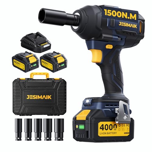 JESIMAIK Cordless Impact Wrench, 1106ft-lbs(1500N.m) 1/2" Brushless Impact Gun, 2×4.0Ah Batteries, 4 Impact Modes, 5 Sockets, 21V High Torque Electric Impact Driver for Truck RV Car Heavy Construction - color: Dark Blue