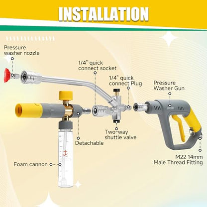 JOEJET Pressure Washer Short Gun with Mini Foam Cannon Dual Wand, 100 ML | Dual-Purpose Switch Spray Gun with 5 Power Washer Nozzle Tips, 1/4" Quick Connect, 4500 PSI - size: 100 ml