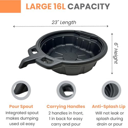 ValvoMax 16L Oil Drain Pan for Changing Oil - Large 4 Gallon (17 Quarts) Capacity with Pour Spout & Anti-splash Lip, Heavy Duty with Carrying Handles - Sturdy and Easy to Clean