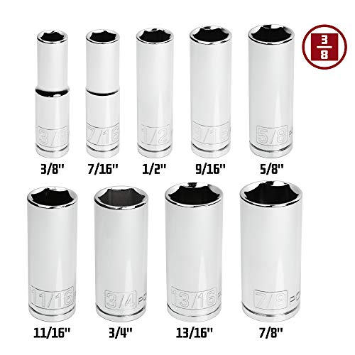 Powerbuilt 9 Piece 3/8-Inch Drive SAE Deep Socket Set, Sizes 3/8-Inch to 7/8-Inch, 6-Point Z-Drive, Chrome Vanadium Steel with Storage Rail - 641717 - size: SAE, style: 9pc(Deep)