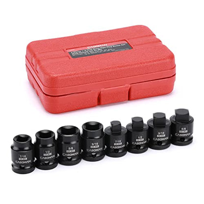 CASOMAN 8PCS 1/2-Inch Drive Pipe Plug Socket Set, Cr-Mo, SAE, Male/Female Set, 7/16", 1/2", 5/8", 9/16", Tapered Male Square Drive, Chamfered Female Square Drive - size: 1/2"Dr.