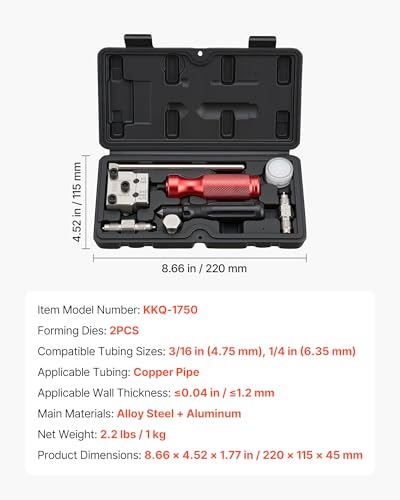 VEVOR Brake Line Flaring Tool Kit, 45° Single & Double Flare Tool for 3/16", 1/4" Copper Tubing - with 2 Forming Dies, Deburring Tool & Toolbox for Automotive Brake Hydraulic Line Repair