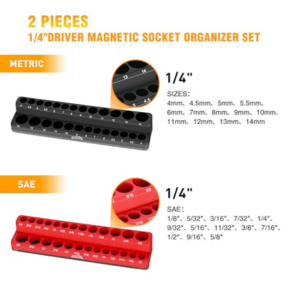 GOOACC 1/4" Magnetic Socket Organizer, 2 Pieces Socket Holder Metric SAE Socket Tray, 1/4 inch Socket Organizer Tray Holds 52 Standard Sockets for Tool Box Drawer - size: 2PCS 1/4" SAE & Metric Red Black