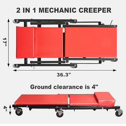 Torin 36" Rolling Foldable Car Creeper Automotive Creeper, 2-in-1 Garage Shop Creeper for Auto Repair, 300 Lbs Capacity, Red,TAM6505RB - style: Red Foldable Creeper