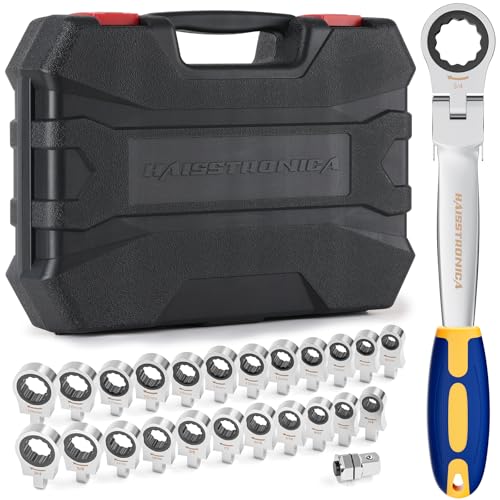haisstronica 24 in 1 Interchangeable Heads Ratchet Wrench Set with 3/8 in Adapter, Metric & SAE 8-19mm and 1/4-3/4 inch Flex Head Combination Wrench Sets for Auto, Mechanic Tools for Men Gifts - size: Metric&SAE-24 in 1