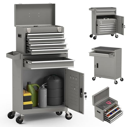 5-Drawer High Capacity Rolling Tool Box, Removable Cabinet Storage Tool Chest with Wheels and Drawers, Detachable Toolbox with Lock for Mechanics Garage Workshop and Tool Room (Grey)