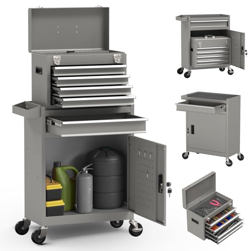5-Drawer High Capacity Rolling Tool Box, Removable Cabinet Storage Tool Chest with Wheels and Drawers, Detachable Toolbox with Lock for Mechanics Garage Workshop and Tool Room (Grey)