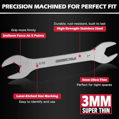 19-Piece Super Thin Open-End Wrench Set, SAE 1/4"-1-1/16" & Metric 5.5–27 mm, 3 mm Thickness Slim Wrench Set for Tight Spaces, Nickel Plated Flat Wrenches with Red & Blue Rolling Storage Pouches - style: 19-Pc MM/SAE (3mm Super Thin)