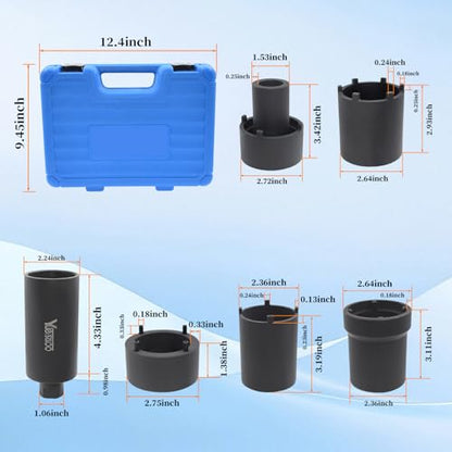 Spindle Nut Socket Tool Kit, 4WD Lug Out Spindle Sockets Set | 6 Pcs Axle Hub Lock Nut Socket Remover Installer 1/2" Drive Compatible with Ford Dana 44/80 Toyota Dodge GMC Chevrolet