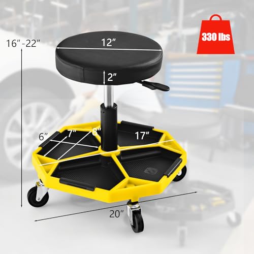 S AFSTAR Garage Shop Roller Seats, Adjustable Pneumatic Rolling Creeper Stool W/Tool Storage Tray & 4 Universal Wheels, Padded Mechanic Stool Repair Shop Stool Garage Rolling Stool (Yellow - color: Yellow