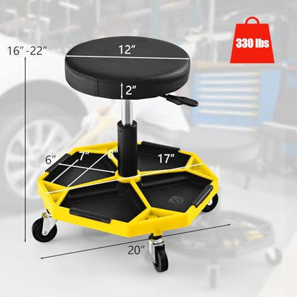 S AFSTAR Garage Shop Roller Seats, Adjustable Pneumatic Rolling Creeper Stool W/Tool Storage Tray & 4 Universal Wheels, Padded Mechanic Stool Repair Shop Stool Garage Rolling Stool (Yellow - color: Yellow
