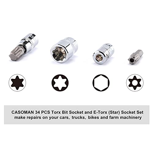 CASOMAN 34 Pieces 3/8-Inch Drive Torx Bit Socket and E-Torx (Star) Socket Set, CR-V & S2 Steel, E4-E20, T10-T60, Tamper Proof TT10-TT55, 5/16"F to 3/8"M Adapter