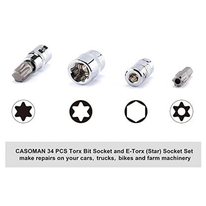CASOMAN 34 Pieces 3/8-Inch Drive Torx Bit Socket and E-Torx (Star) Socket Set, CR-V & S2 Steel, E4-E20, T10-T60, Tamper Proof TT10-TT55, 5/16"F to 3/8"M Adapter