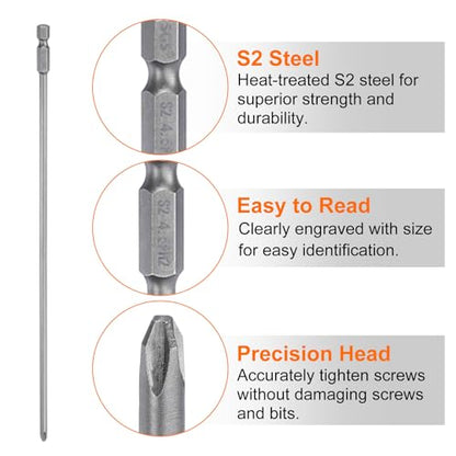 HARFINGTON 2pcs #2 Phillips Screwdriver Bit PH2 1/4" Hex Shank 10" (250mm) Long Magnetic S2 Steel Industrial Grade Screw Driver Bit Cross Head Electric Drill Bits 0.177" (4.5mm) Rod - size: PH2 x 250mm x 4.5mm