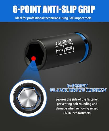 15/16in (23.81mm) Impact Socket 1/2" Drive CR-MO Steel 6-Pt | CR-MO steel impact socket set. 1/2" drive, 6-point design. Deep reach for lug nuts & axle nuts. - size: 15/16in (23.81mm SAE)