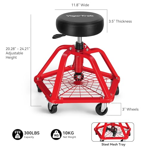 Rolling Shop Stool with Wheels and Adjustable Pneumatic Mechanic Stool, Heavy Duty Garage Stool & Shop Chair with Storage Tray, 300 lbs Capacity
