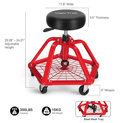 Rolling Shop Stool with Wheels and Adjustable Pneumatic Mechanic Stool, Heavy Duty Garage Stool & Shop Chair with Storage Tray, 300 lbs Capacity