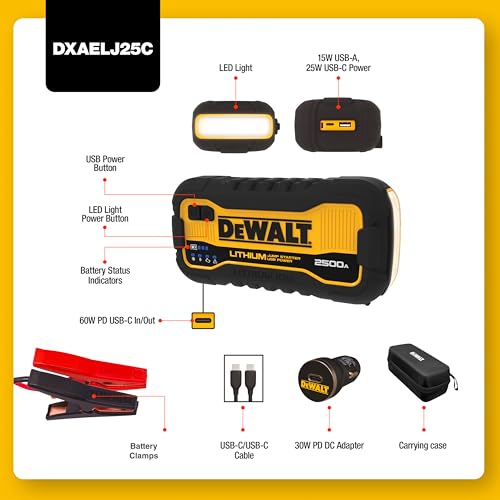 DeWalt Jump Starter DXAELJ25C 2500 Amps | Lithium Battery, USB Power Bank, Carrying Case - size: 2500 Peak Amp