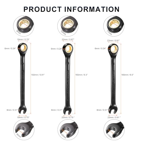 HARFINGTON 3Pcs Ratcheting Wrench Set 9-11mm Metric Open End Wrench 72-Teeth CR-V Steel 12 Point Nickel Plated Combination Ratchet Wrench for Fasteners Nut Bolt - size: 9mm/10mm/11mm