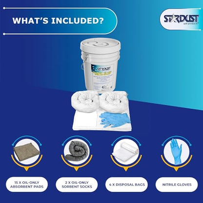 Stardust Spill Products D905P Oil Spill Kit with Portable Bucket | OSHA Approved, 15 Oil Absorbent Pads, 2 3x4' Absorbent Socks, 4 Disposal Bags & Nitrile Gloves, for Fast Response