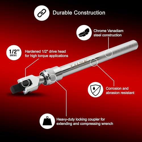 TUSK Extendable UTV Lug Wrench Kit – 11–17″ Telescoping ½″ Drive Swivel Head + Deep 14/17/19 mm Sockets, Knurled Grip, Chrome Steel Construction