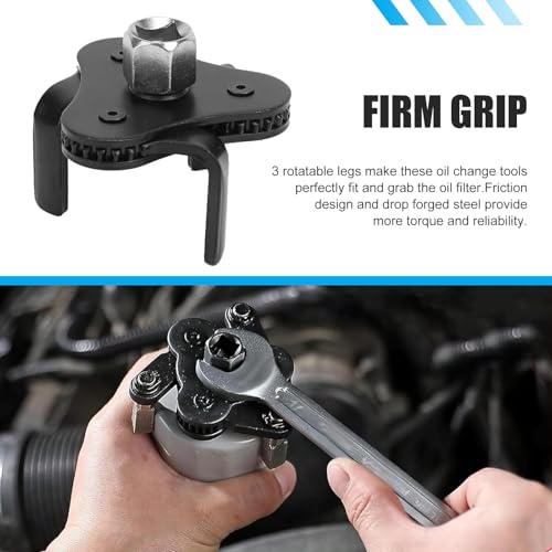 Car 3 Jaw Oil Filter Wrench, Steel Adjustable Fuel Filter Spanner, Engine Removal Tool Replacement Part with 1/2 & 3/8 Inch Square Drive, Universal for Most Car Accessories (White)
