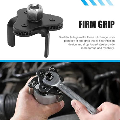 Car 3 Jaw Oil Filter Wrench, Steel Adjustable Fuel Filter Spanner, Engine Removal Tool Replacement Part with 1/2 & 3/8 Inch Square Drive, Universal for Most Car Accessories (White)