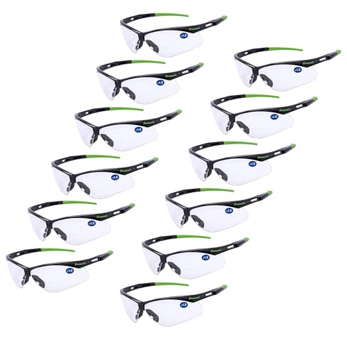 ProtectX Classic Safety Glasses, Anti-Fog Scratch Resistant Lenses, Protective Eyewear for Work, Indoor/Outdoor, ANSI Z87.1 - color: Evergreen Bifocal Reading 1.0 - 12 Pack
