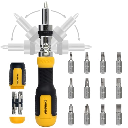 SHARDEN Ratcheting Multi Bit Screwdriver - 13-in-1 Tool Set, Flat Head/Square/Torx/Hex/Phillips, 180 Degree Pivoting Adjustable Angle Magnetic Screwdriver - color: Yellow