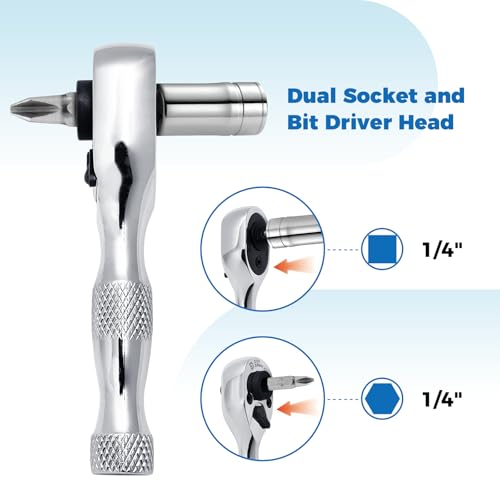 Der Erwachte 1/4-Inch Stubby Ratchet Wrench, Mini Ratchet Wrench | Socket&Bit Driver, 72-Tooth, Chrome Alloy Made, Chrome Plated Finish - size: 1/4 Double-headed ratchet