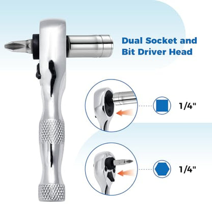 Der Erwachte 1/4-Inch Stubby Ratchet Wrench, Mini Ratchet Wrench | Socket&Bit Driver, 72-Tooth, Chrome Alloy Made, Chrome Plated Finish - size: 1/4 Double-headed ratchet