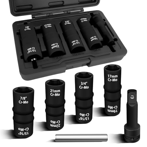 6PCS 1/2" Drive Flip Lug Nut Impact Socket Set, 8-IN-4 Socket Design Metric 17 19 21 22 mm and SAE 3/4 13/16 7/8 15/16 in Dual-End Thin Wall Nut Sockets, Double Sided Lug Nut Extractor