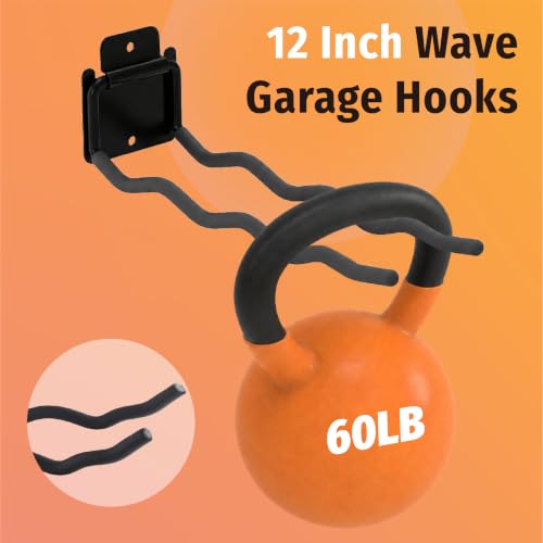 HUHOLE 4 Pack 12 Inch Wave Garage Hooks Wall Mount Hangers | Utility Organizer with 60 lb Capacity for Ladders, Shovels, Chairs, Garden Tools, Wheelbarrows, Hoses and Ropes
