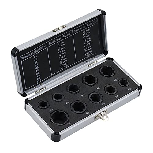 10 Pcs Short Socket Bolt Extractor Set, 9-19mm Metric Nut Remover with Aluminum Carrying Case - color: Black,chrome