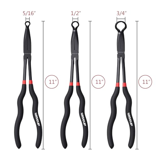 WISEUP 3-Piece 11" Long Reach Hose Grip Pliers Set, 5/16-Inch, 1/2-Inch, 3/4-Inch Dia O-shape nose plier for Easy Removal and Installation of Automotive Hoses and Fitting