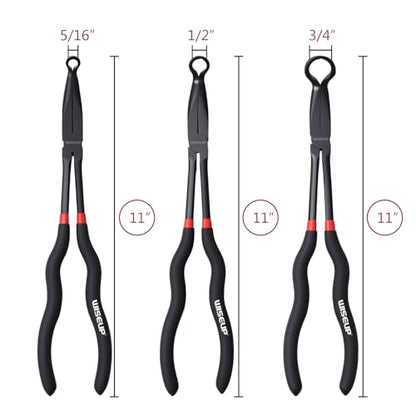 WISEUP 3-Piece 11" Long Reach Hose Grip Pliers Set, 5/16-Inch, 1/2-Inch, 3/4-Inch Dia O-shape nose plier for Easy Removal and Installation of Automotive Hoses and Fitting