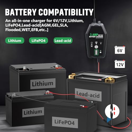 2 Pack 3 AMP Battery Charger - 6V/12V Smart Automotive Battery Charger, Fully Automatic and Maintainer Trickle Charger for Car, Motorcycle, Boat, Lead-Acid, Lithium, LiFePo4 Battery - color: Two Pack