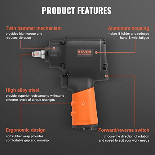 VEVOR Air Impact Wrench, 3/8-Inch Drive Air Impact Gun, Up to 690ft-lbs Nut-busting Torque, Lightweight Pneumatic Impact Wrench for Auto Repairs and Maintenance - size: 3/8-Inch/690 ft-lbs