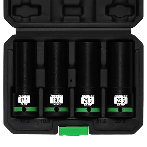 TecoTek 4PCS 1/2" Drive 1/2 Size Thin Wall Lug Nut Socket Set, Half Size Wheel Socket, 17.5mm, 19.5mm, 21.5mm, and 22.5mm, CR-MO, for Damaged, Swollen and Stuck Lug Nuts