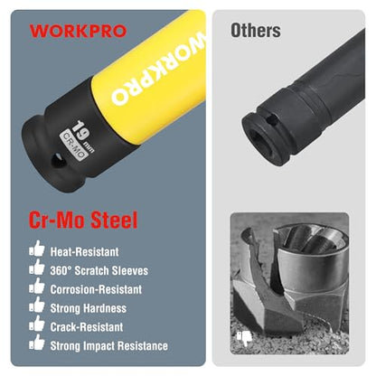 WORKPRO 1/2" Drive Lug Nut Socket Set, 5 Pieces 15 17 19 21 22 MM Non-Marring Lug Nut Wheel Socket Set, Thin Wall Wheel Protector Nut Socket