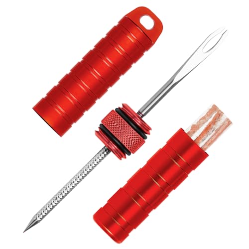 BWSHLF Tubeless Bike Tire Repair Kit for Mountain Bikes & Road Bicycles, Tubeless Tire Plug Kit with Storage Canister, Reamer, Insertion Fork, 10 Bacon Strips, Fix a Puncture or Flat, No Glue Needed - color: Red