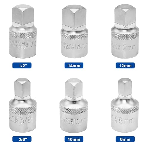 DAKCOS Oil Drain Plug Key Set, 1/2" Drive, 6 Pcs Oil Service Socket Set Metric 8mm/10mm/12mm/14mm, 3/8" 1/2", CR-V - size: 1/2" | 6 PC